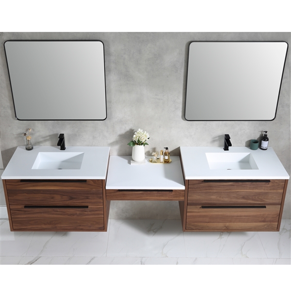 85 Modern Floating Double Sink Bathroom Vanity Set with Makeup Table  Walnut